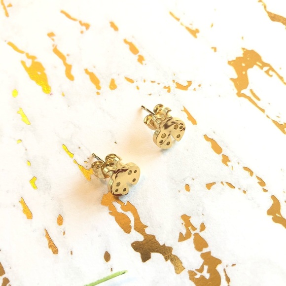 Minimalist Stainless Steel Cute Gold Studs Earrings Natural Ladybug Earrings - Picture 4 of 5